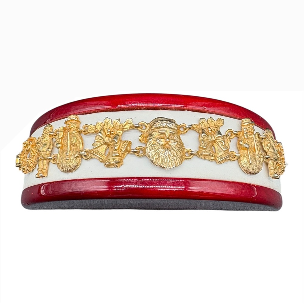 OJC‎ Christmas Charm Bracelet Santa Snowman Bells Holly Gold Tone Vtg